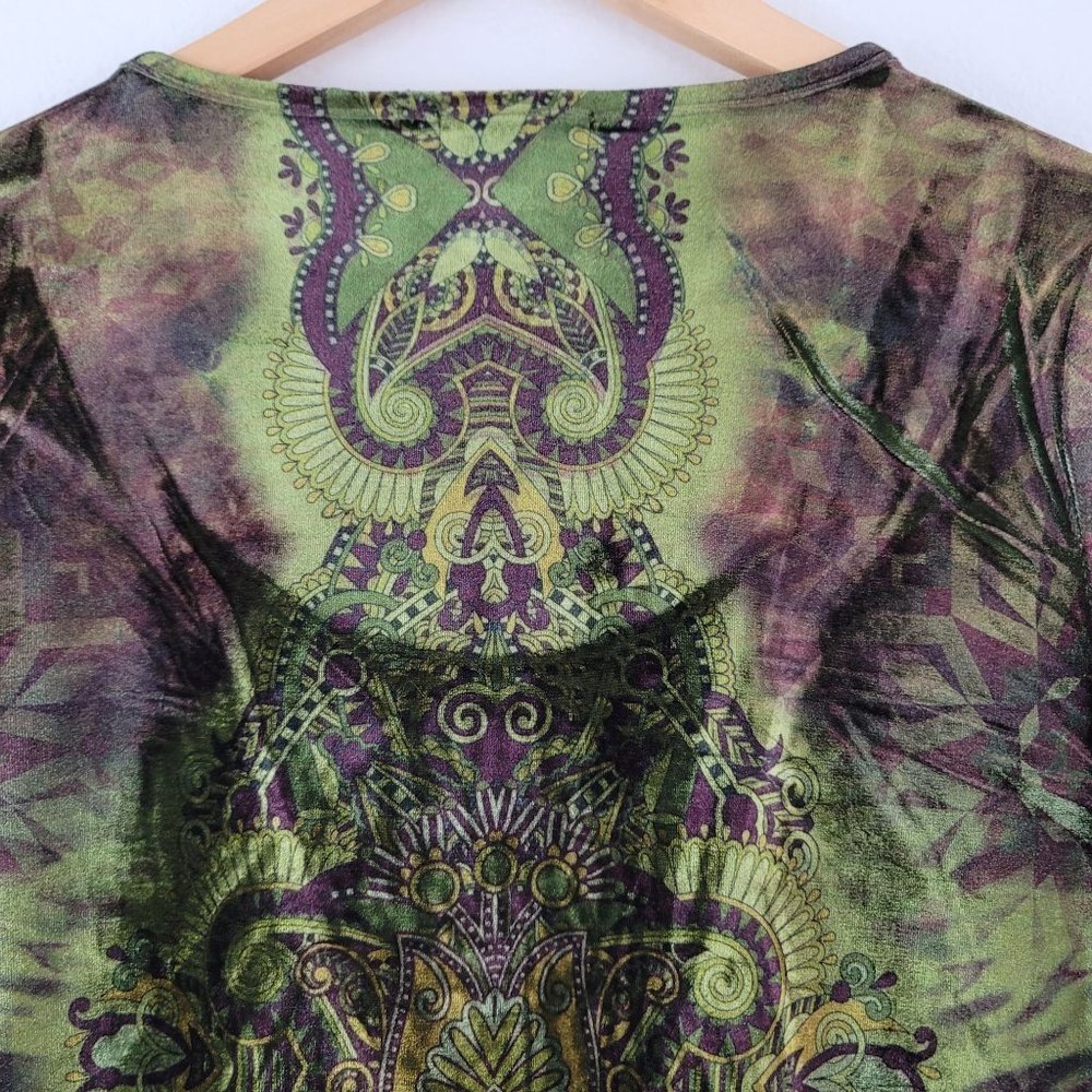 One World Womens Size M 3/4 Sleeve Embellished Beaded Sequin Boho Velour Top - Picture 10 of 14